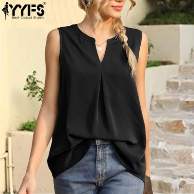 Γυναικεία μόδα casual καλοκαιρινή άνοιξη μονόχρωμη στάμπα αμάνικα μπλούζες και πουκάμισα με λαιμόκοψη