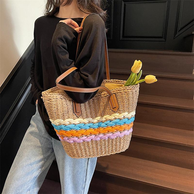 Large Capacity Bag Women's New Fashion Versatile Shoulder Vegetable Basket Straw Woven Seaside Beach Bag