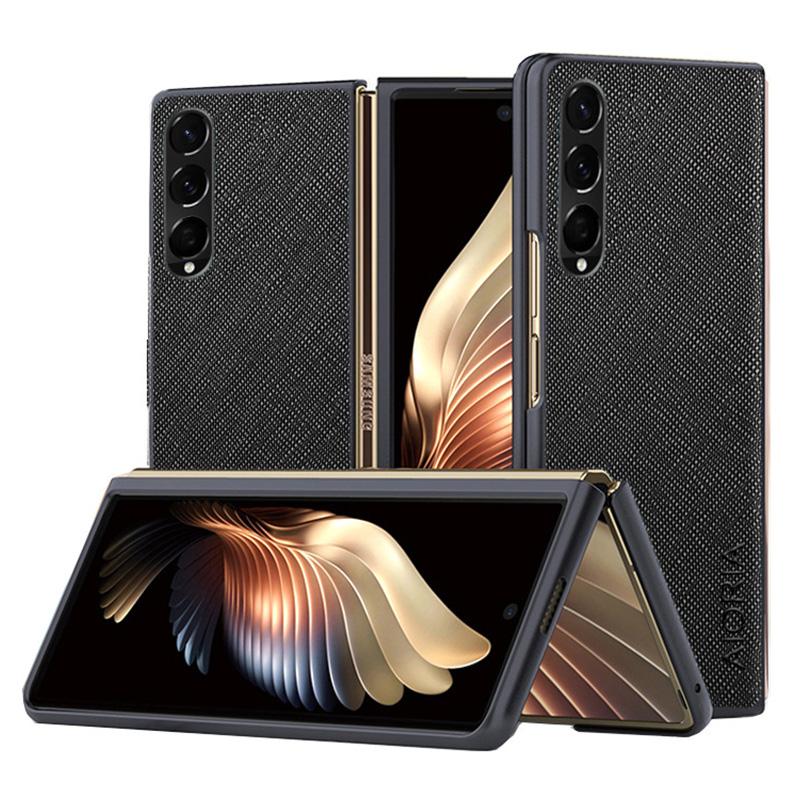 

AIORIA Phone Case For Samsung Galaxy Z Fold4 5G Ultra Slim Phone Back Cover Cross Texture PU Leather Coating PC Scratch-resistant Phone Shell Black