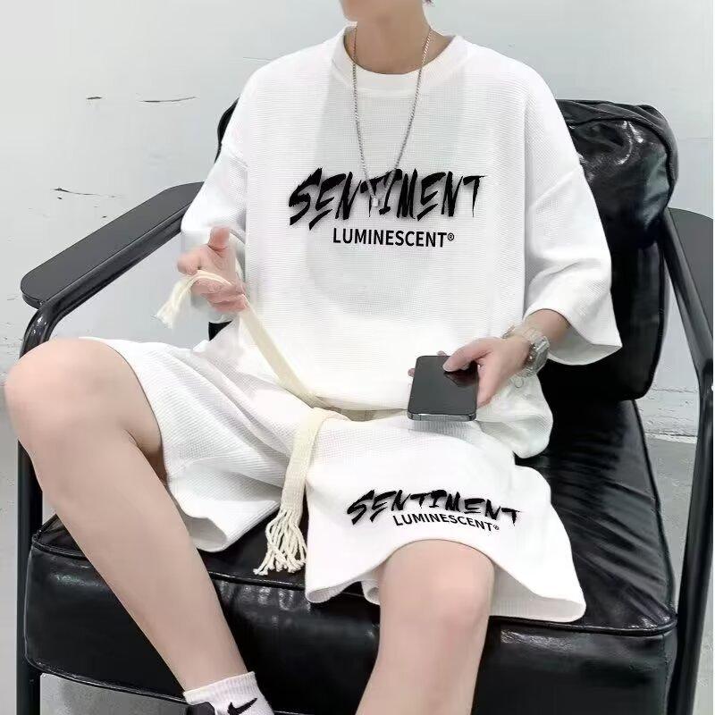 

Весенне-летний вафельный костюм для мальчиков, молодежный спортивный костюм для отдыха, красивые шорты, мужской костюм-двойка с короткими рукавами XXXXL белый