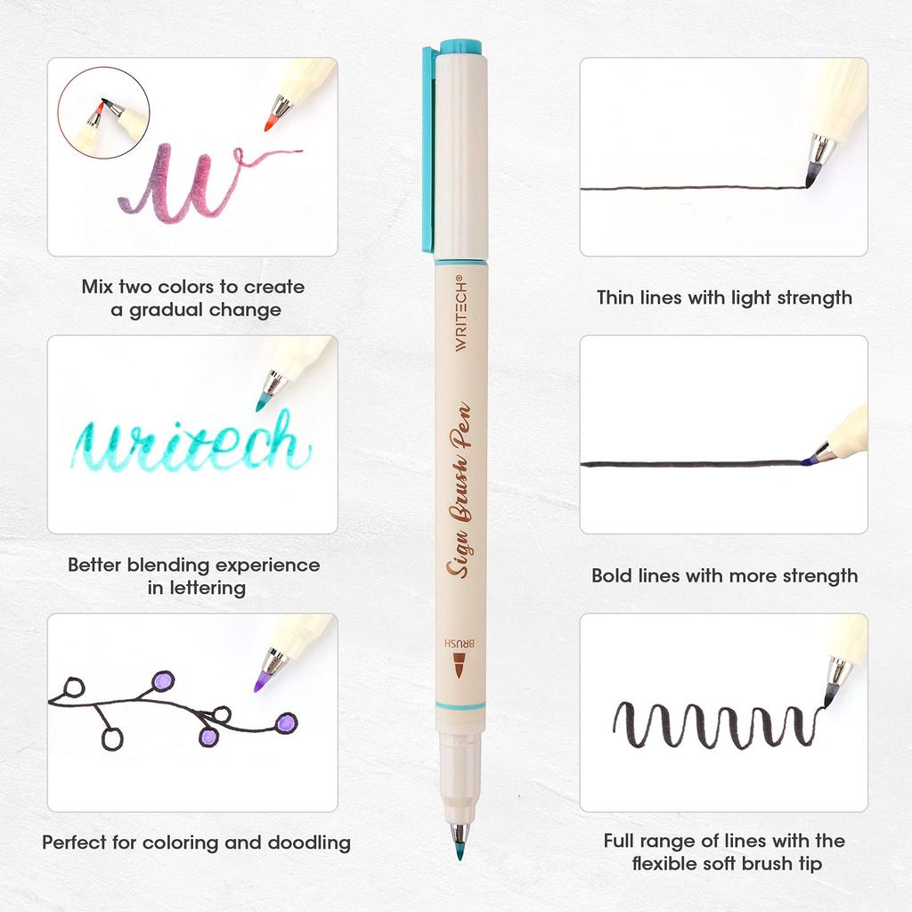 WRITECH Arts Sign Brush Brush Pen Tip Felt Ink Color 12 Assorted Pastel Perfect for and Calligraphy Pen, Marker, Tip, Water-Based Pen, Colors,