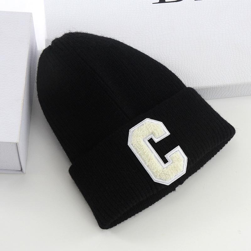 New Wool Hat Women's Autumn and Winter Warm Letter C Pullover Hat Student Solid Color Knitted Hat