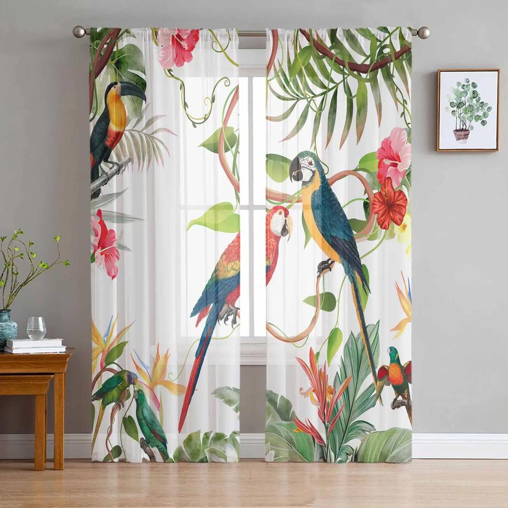 Tropical Leaves Parrot Flowers Sheer Drapes for Living Room Decoration Window Curtains Kitchen Curtains
