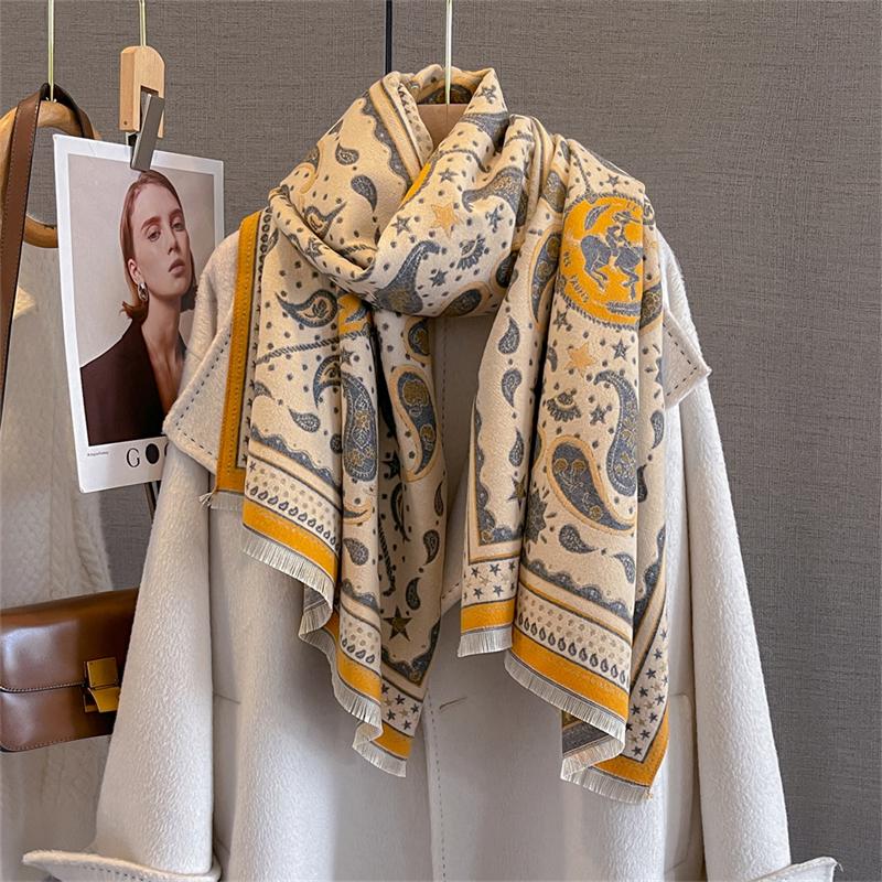 Eșarfă caldă de cașmir de iarnă pentru femei cu imprimeu de lux Pashmina șal Wrap batic pentru femei Bufanda Echarpe Design Bentita