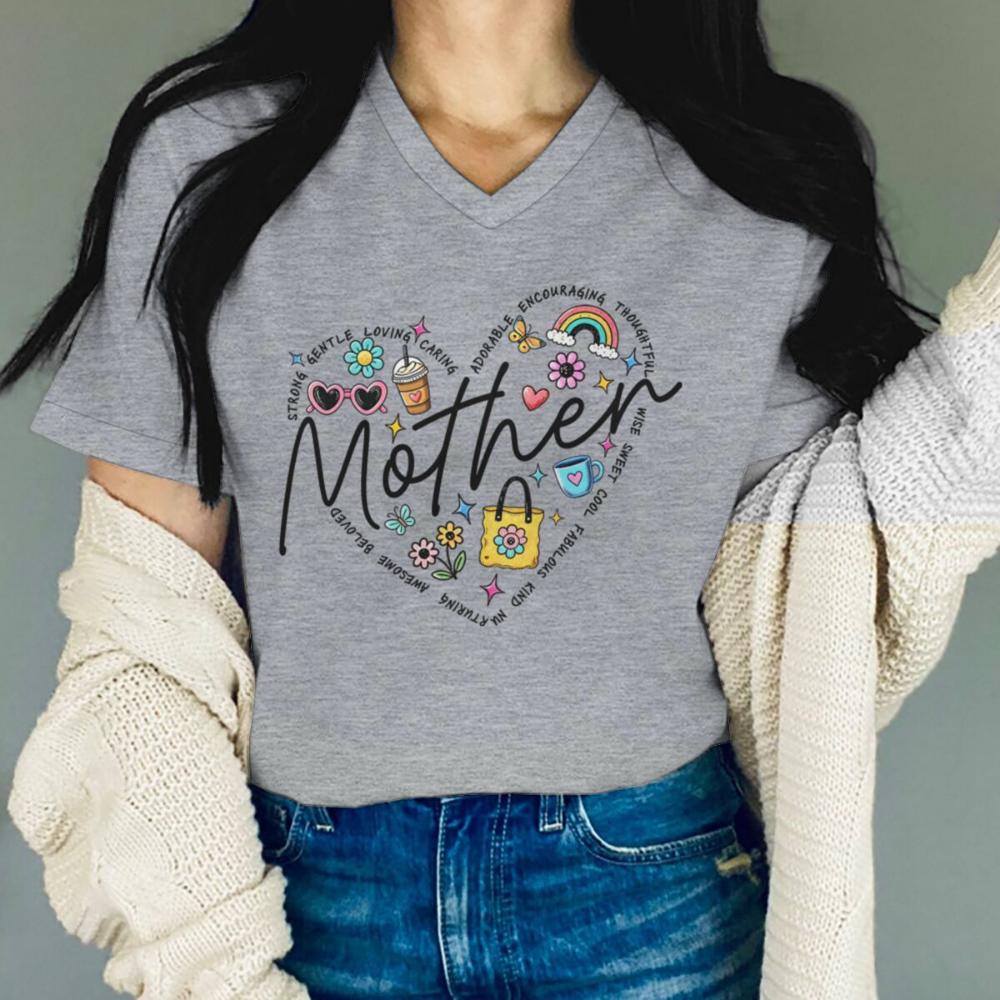 Mother V-Neck T-Shirt Heart Graphic with Positive Words Printed T-shirt Soft Mom Life Tee Mother Inspirational T-Shirt