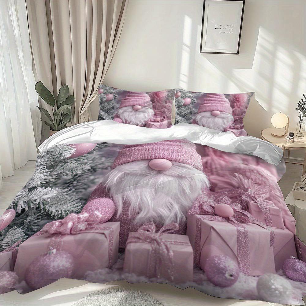 Latacaca 2/3Pcs Christmas Gnome Duvet Cover Set Pink Themed Bed Cover Set Festive And Cozy Bedding Set Christmas Gift
