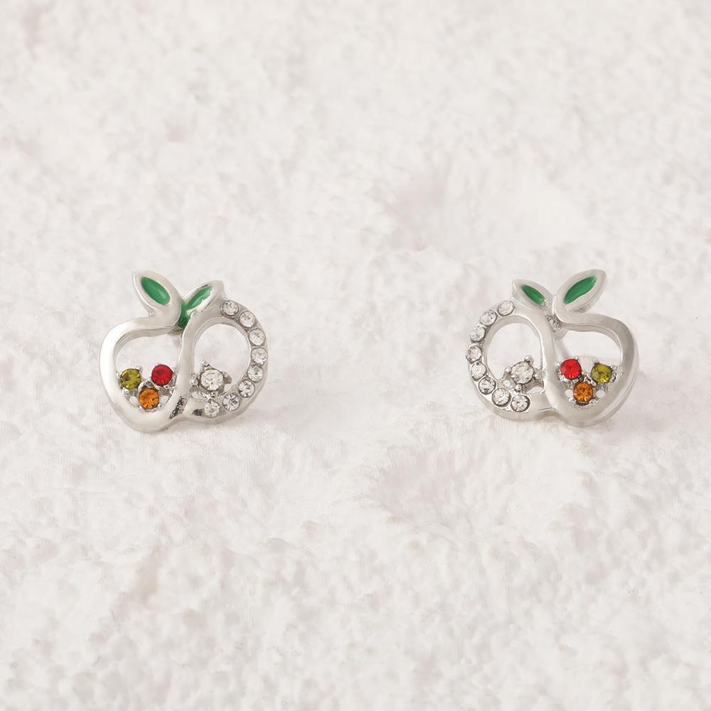 Cute Stud Earrings, Cartoon Hollow Oil Drip Point Drill Apple Shape Stud Earrings