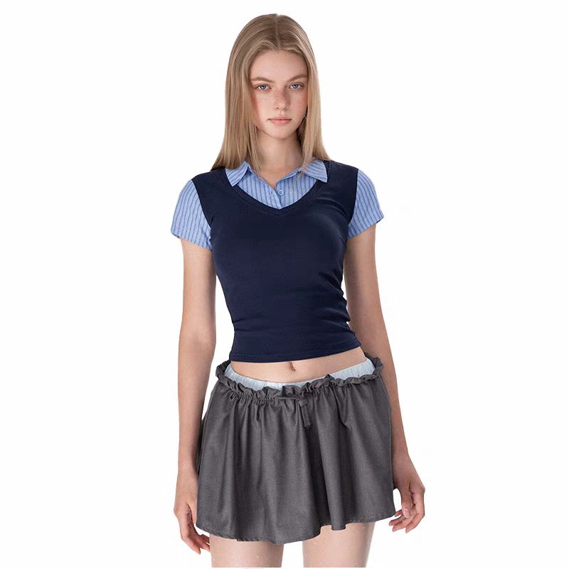 Zbzr Spring New Women Clothes Western Style American Vintage Fake Two Pieces Shirts Patchwork Short Sleeve Leisure Top