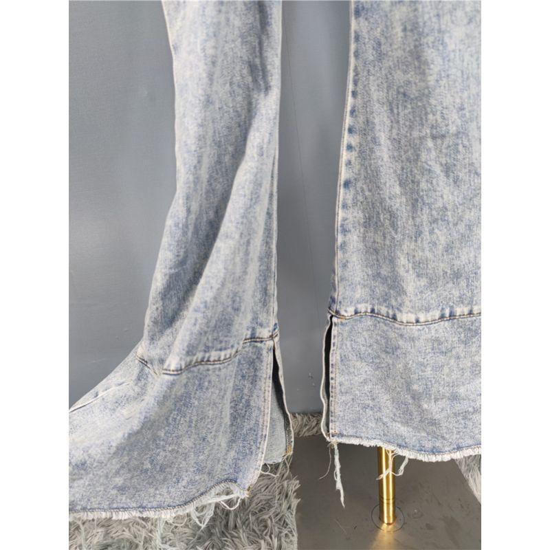 Single Adult Lady Like Woman Domineering Easiest for Match Tall Slim Looking Lapel Wash Denim Speaker Waist Trimming Short-Sleeved One-Piece Pants