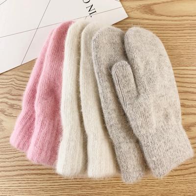 Double-layer Rabbit Hair Gloves Female Winter  Solid Color All Fingers Winter Women Gloves Warm Mittens