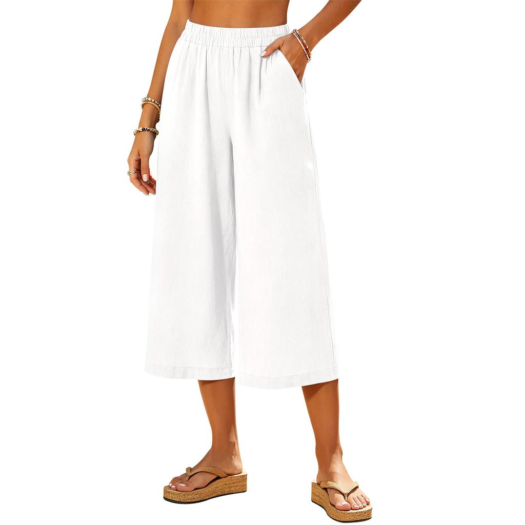 Damen Weite Cropped Hosen mit Taschen Elastischer Bund Sommer Strand Urlaub Lässige Lockere Passform Hosen für den täglichen Gebrauch