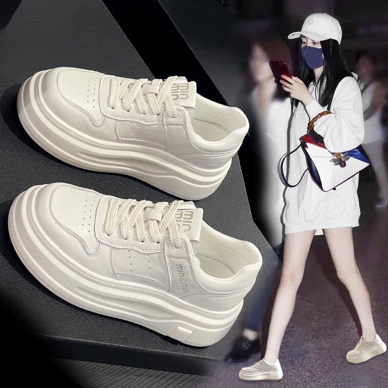 Women's Trendy White Genuine Leather Platform Sneakers - 2025 Spring/Autumn - Height-Enhancing, Thick-Soled, Lace-Up, Street-Style