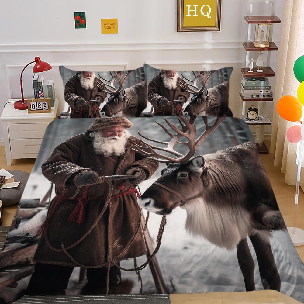 Jultomte Älg 3D-tryckt Polyester Örngott Täcke Två- eller Tredelat Set Tillgängligt