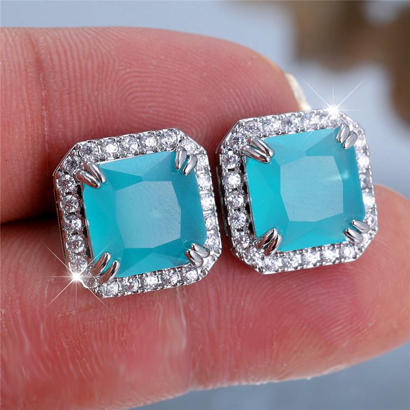 

Элегантные квадратные серьги-гвоздики из циркона Параиба для женщин серебряного цвета, свадебные украшения серебряный/зелёный