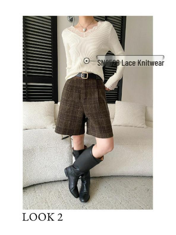 Sinan Retro British Plaid High-Waisted Wide-Leg Wool Shorts SN8521