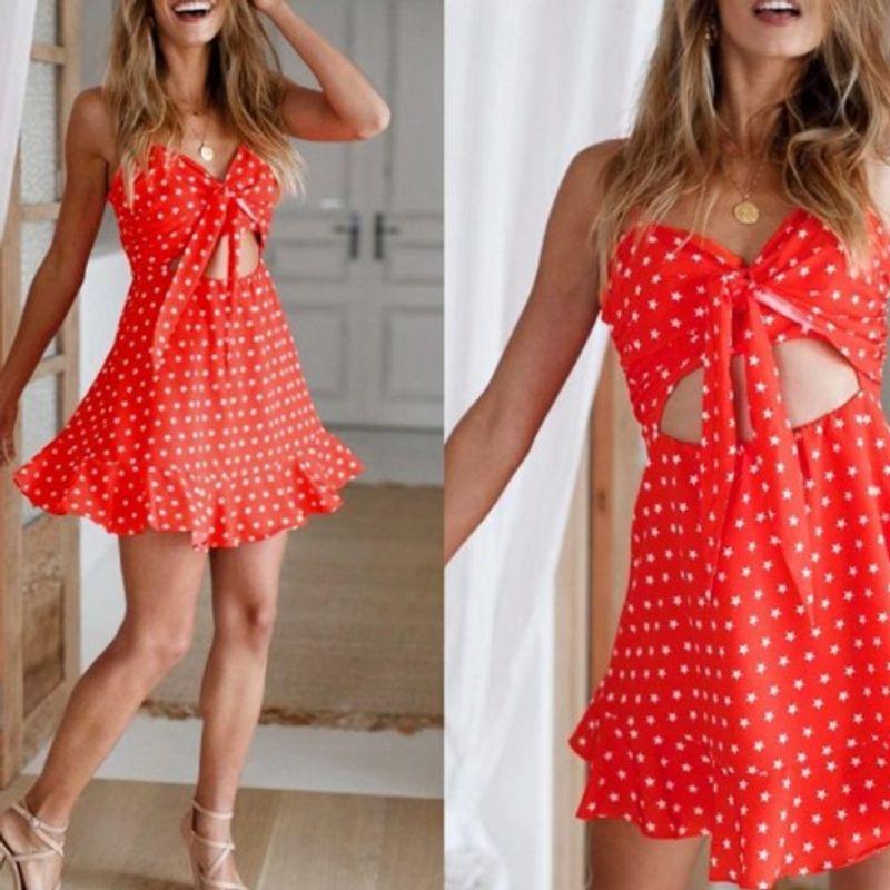 

Small Sweet V-neck XINGX Shoelace Sneaky Design Cut Out Mini Ruffled Spaghetti Straps Dress Beach Dress for Women Red L