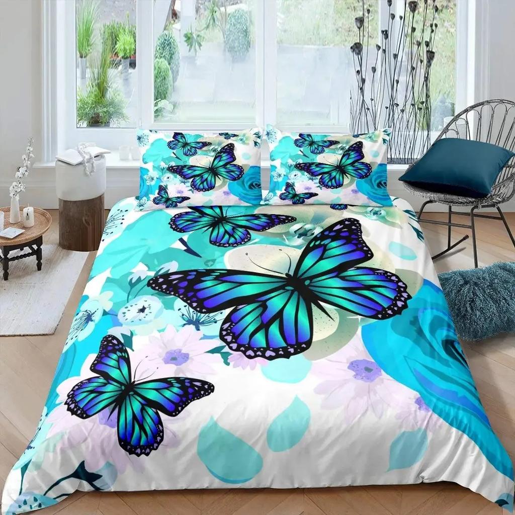 Zestaw poszewek na kołdrę z kwiatami róż i motylami, Zestawy pościeli Ogród Motyli, Dla Dziewcząt i Kobiet, Wiosenny Kwiatowy, Świeża Natura, Kwitnąca Róża, Poszewka na Kołdrę