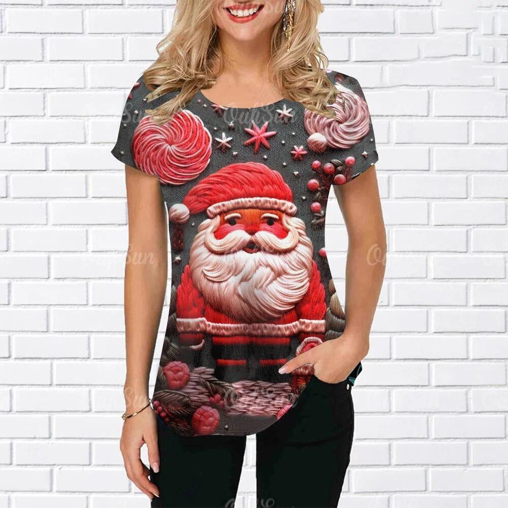 Summer Round Neck 3D Christmas Print Top Fashionable Casual Short Sleeved Women's T-shirts
