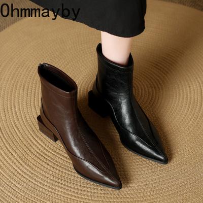 Zimowe Botki Damskie na Grubym Obcasie ze Szpiczastym Noskiem Modne Krótkie Buty z Krótkim Pluszem Damskie Vintage Wyszczuplające Krótkie Botki De Muje
