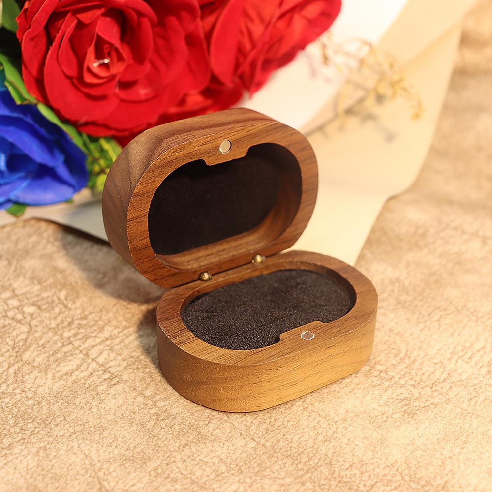 Oval Black Walnut Ring Box,Retro Wooden Engagement Ring Holder,Hand-Carved Jewelry Box for Couple Gifts