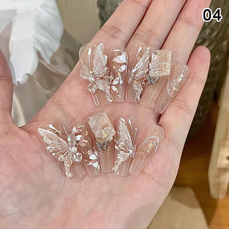 24Pcs Simple Fake Nail With Jelly Glue Butterfly Design Pink White Gradient French Press On False Nails Full Cover Nail Tips