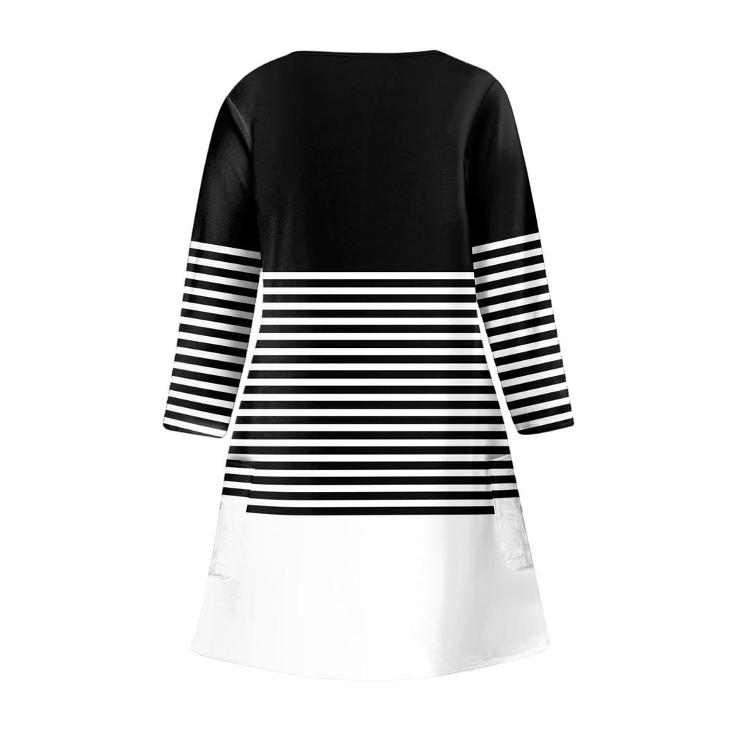 Women's Fashion Casual V-Neck Striped Plaid Print Pocket Three-quarter Sleeve Dress