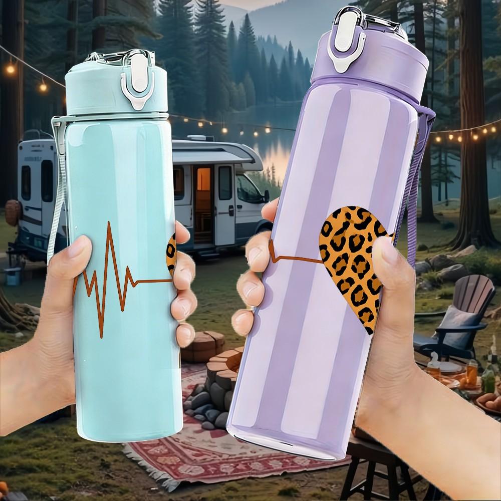1PC Leopard Heart Electrocardiogram 750ml Color Plastic Sports Water Bottle Leakproof Flip Straw Lid Suitable for Sports Office Home Use