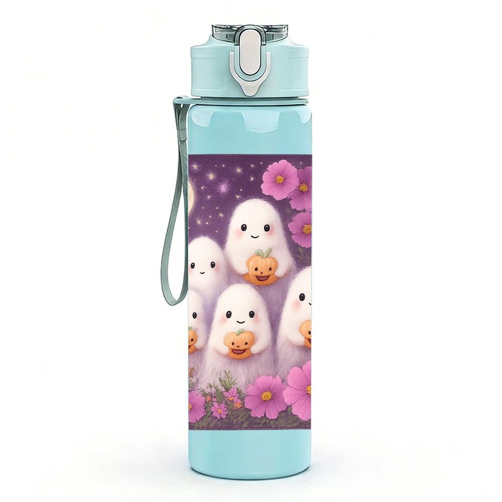 1PC Cute Ghost Floral Group Print 750ml Color Plastic Sports Water Bottle Leakproof Flip Straw Lid Suitable for Sports Office Home Use