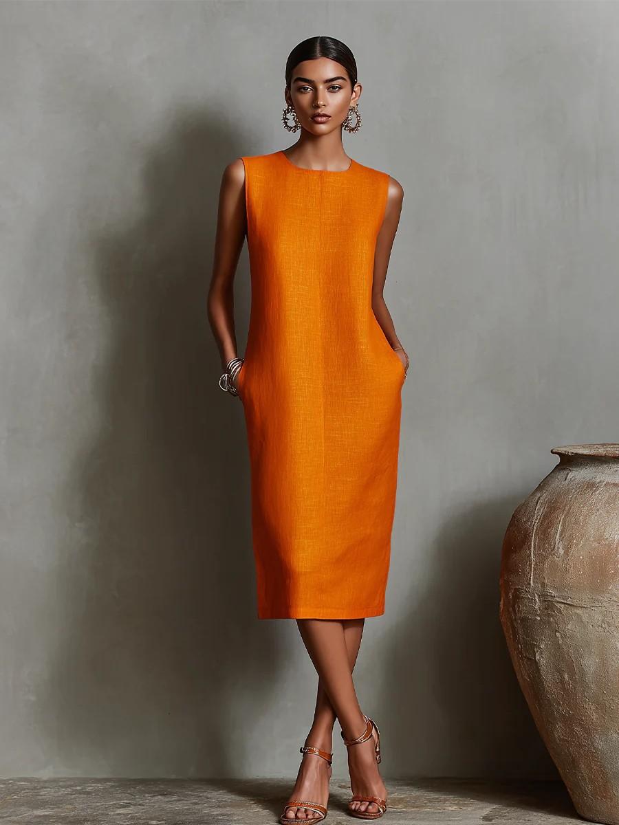 Women Sleeveless Side Pockets Midi Dress Solid Orange Casual Loose Fit Summer Dress S