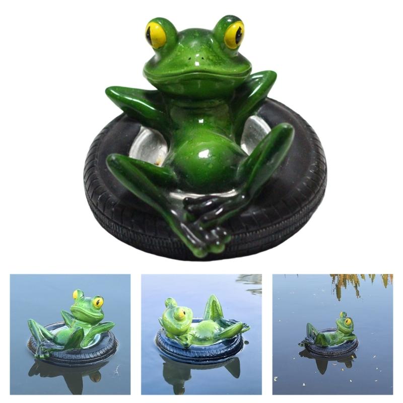 Miniature Frogs Statue With Tire Design Cartoon Floating Garden Pond Decors Resins Craft Ornament For Outdoor Indoor Use