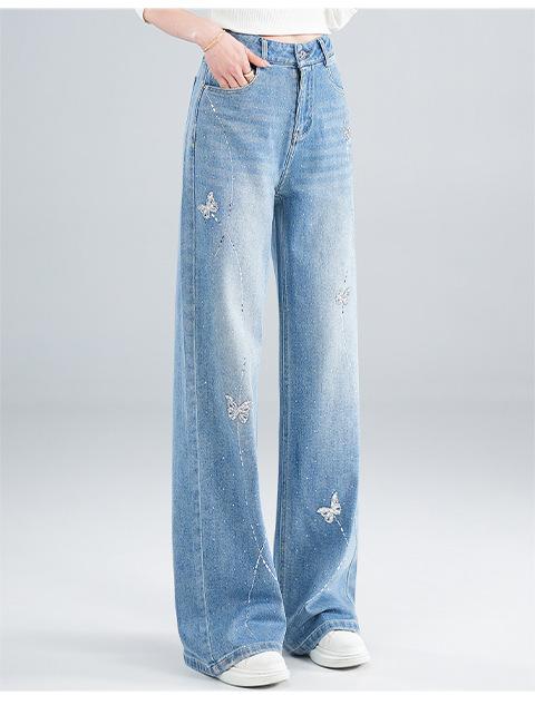 Wide Leg Jeans Women's Summer New High Waist Loose and Thin Drape Heavy Industry Butterfly Hot Drill Straight Pants