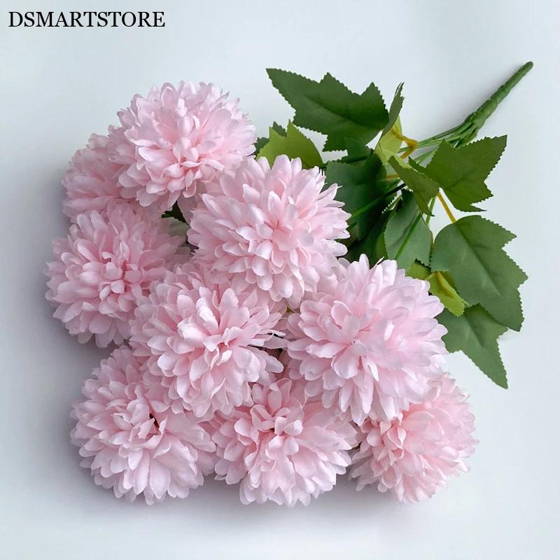 9 Heads Artificial Flowers Ball chrysanthemum Hydrangea Home decor Green Plant Bouquet Bridal Bouquet DIY Wedding Decoration