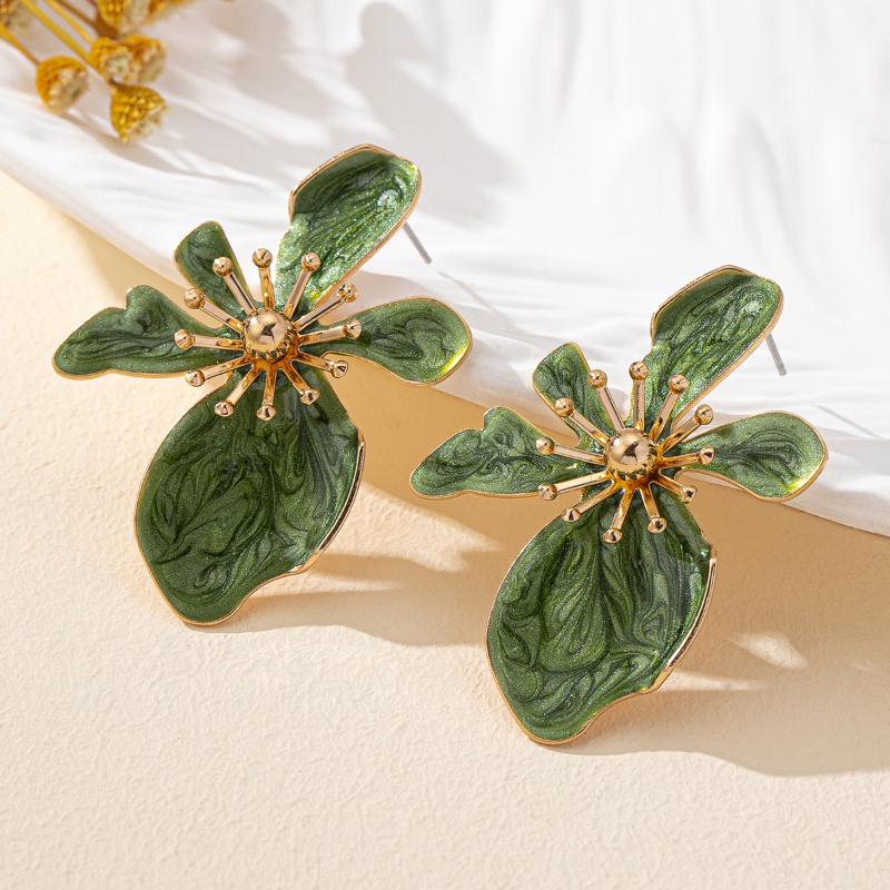 Marbled Enamel Flower Earrings with Polished Gold Trim Lovely Chic Design for Wedding Prom Party Gift for Her