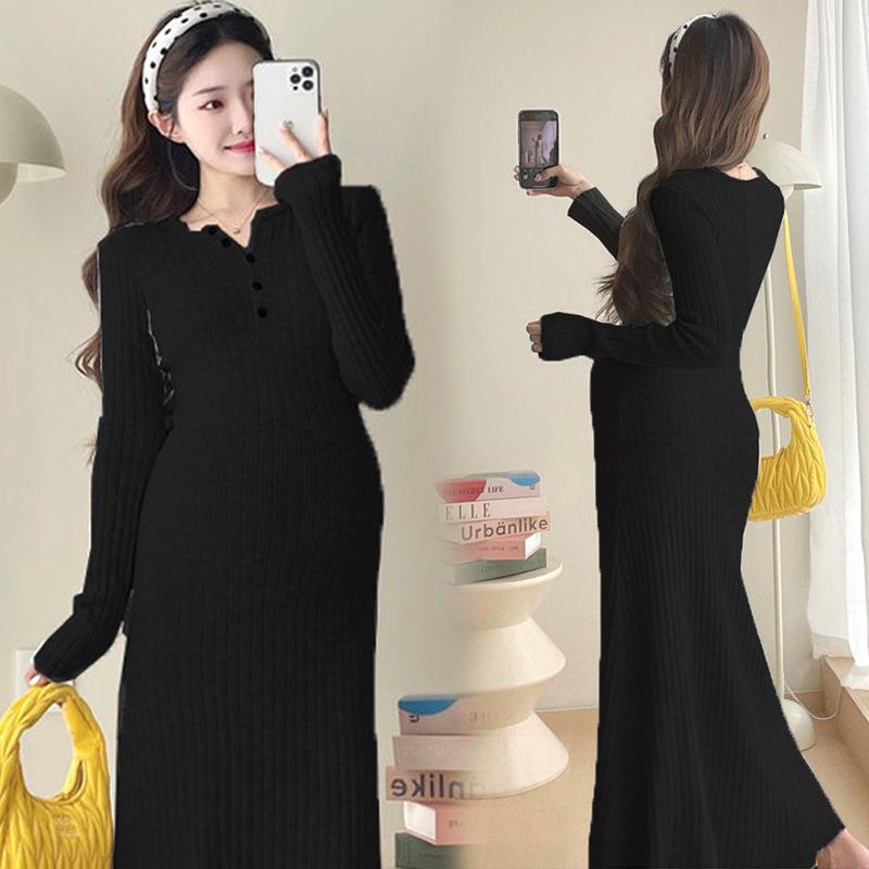 Maternity French Style Dress: Spring/Autumn Innerwear, Plus Velvet Warm, Solid Color, Round Neck, Belly Support, Slimming