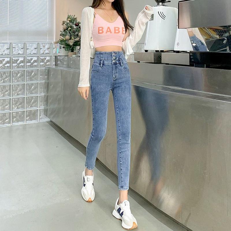 Women's High-Waisted Denim Skinny Pants, Winter Style – Elastic, Slim-Fit, Tummy-Control, Hip-Lifting, Nine-Point Length.
