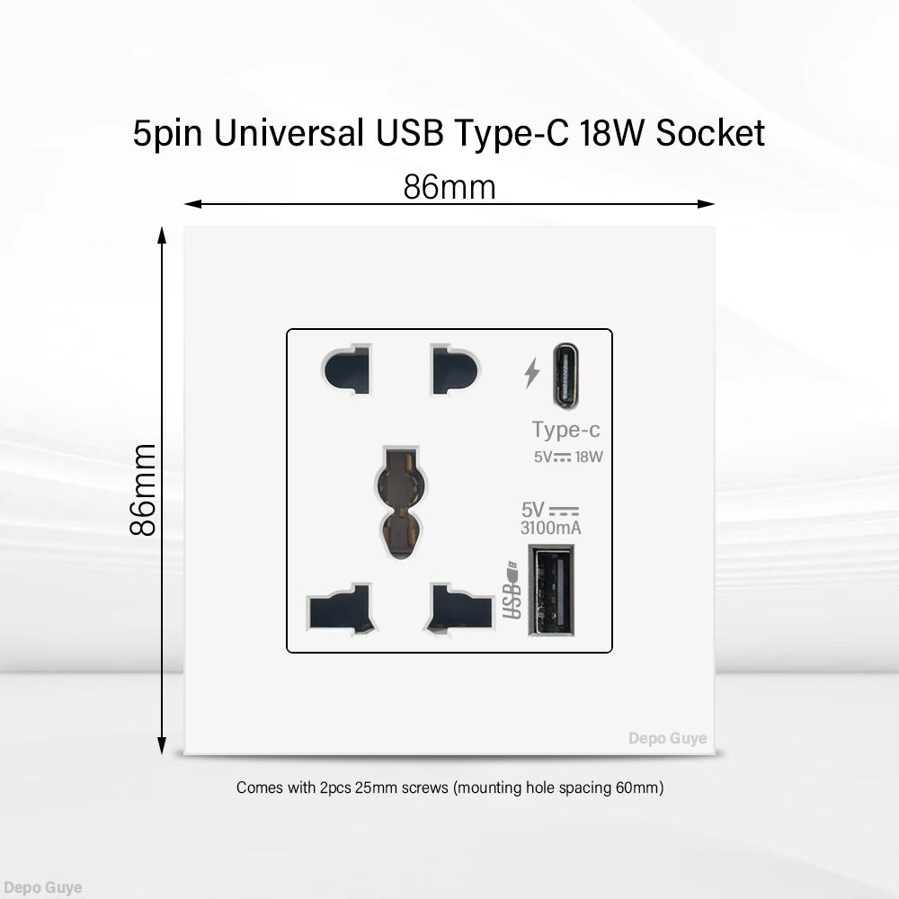 UK 13A Wall Socket with USB Type C 18W Quick Charge Power Outlet,Universal Electrical  Wall Light Switch Dual 3-pin Socket 220V