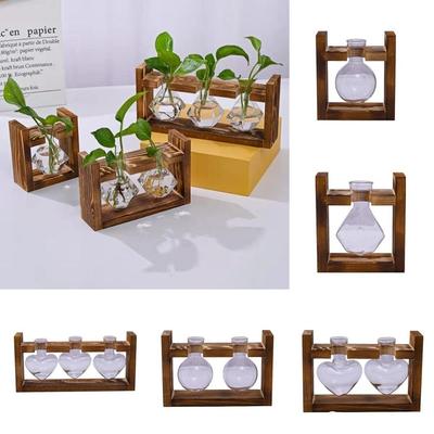 Bonsai Decor Hydroponic Plant Vase Creative Glass Combination Flower Pot Transparent Wooden Frame Flower Arrangement Container