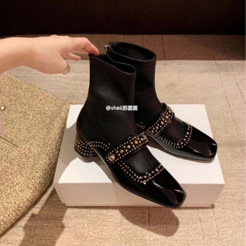 ! Shoes Square Head Rivet Rear Zipper Medium and High Elastic Boots Women's Skinny Short Boots