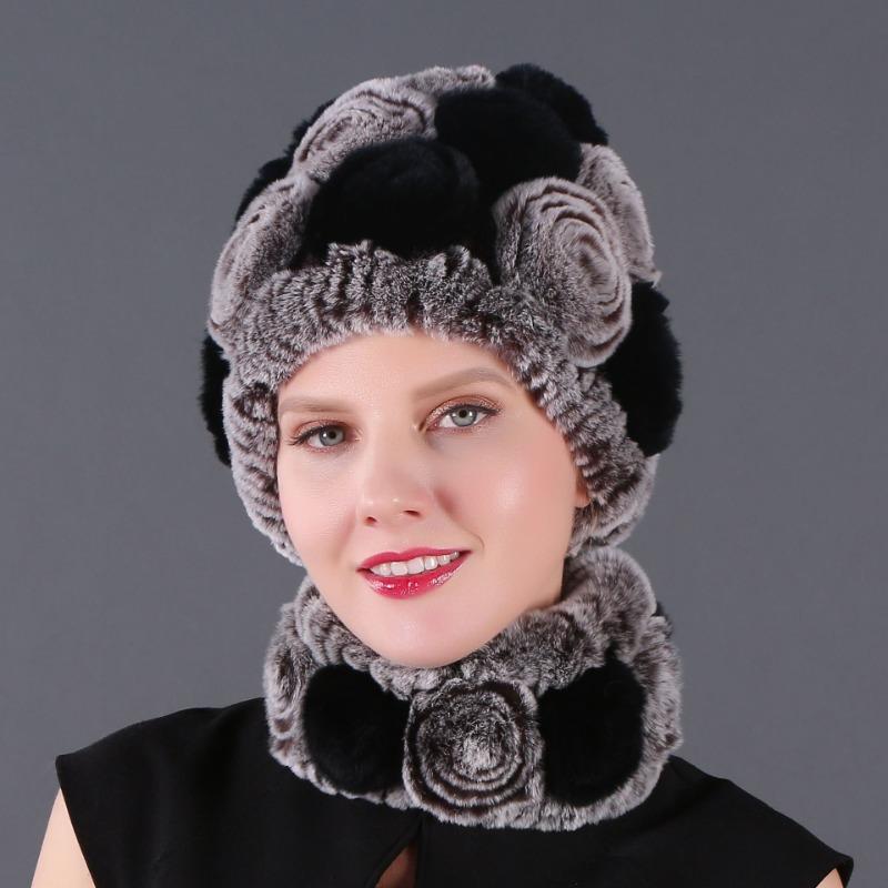 Rex Rabbit Rose Hat and Flower Scarf Set Specializing in the production of Rex Rabbit Scarf Hat Two-piece Adult Hat