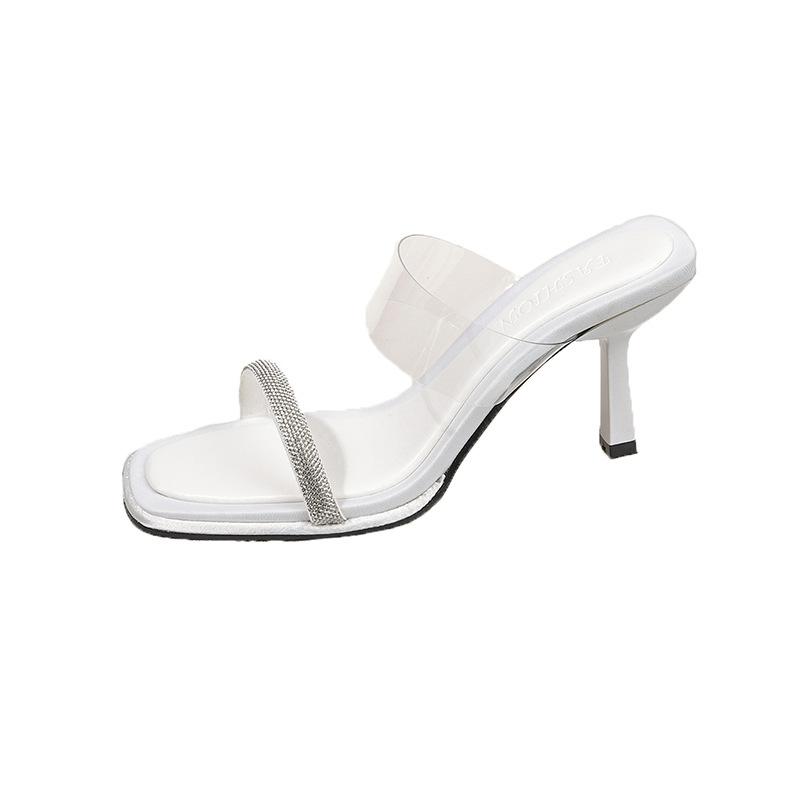 Fashion Slippers women square head fish mouth one word high heel sandals new 2025 fairy style stiletto fashion sandals