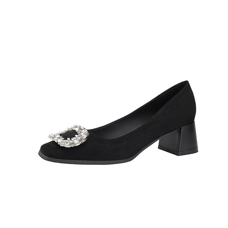 New mid-heel square head high-grade elastic velvet thick heel shallow mouth versatile one-pedal women's single shoes