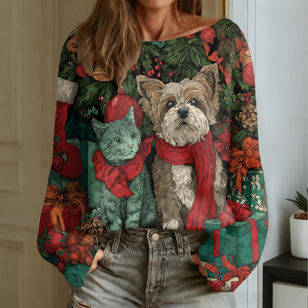 Women's Fashion Round Neck Long Sleeve Christmas Print Casual Pullover Sweater Top