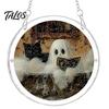 Elegant Halloween Glass Effect Ornament Acrylic Suncatcher Jigsaw Puzzle Set, Spooky Ghost Floral Meadow Window Hanging with Metal Sturdy Frame Decor