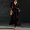 Women's Color Cotton Linen V-neck Short Sleeved Top And Skirt Two-piece Set