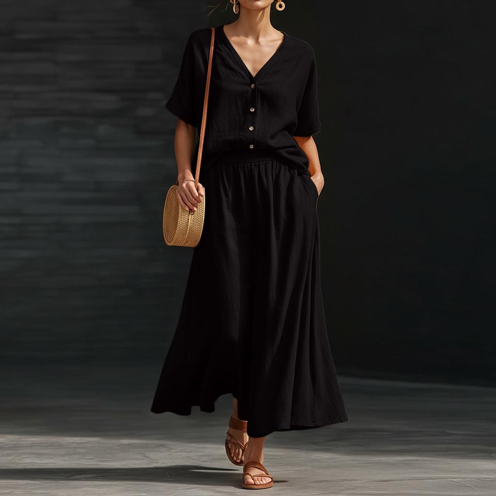 Women's Color Cotton Linen V-neck Short Sleeved Top And Skirt Two-piece Set