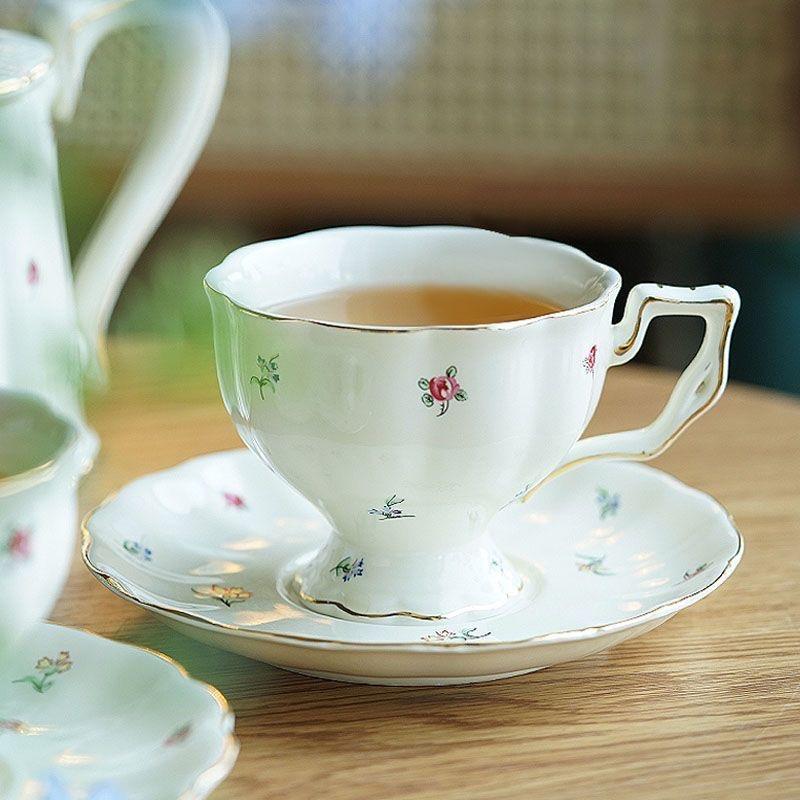 Vintage European Ceramic Coffee Cup & Saucer Set with Gold Rim – Retro Tea Set for Gift or Home Decor