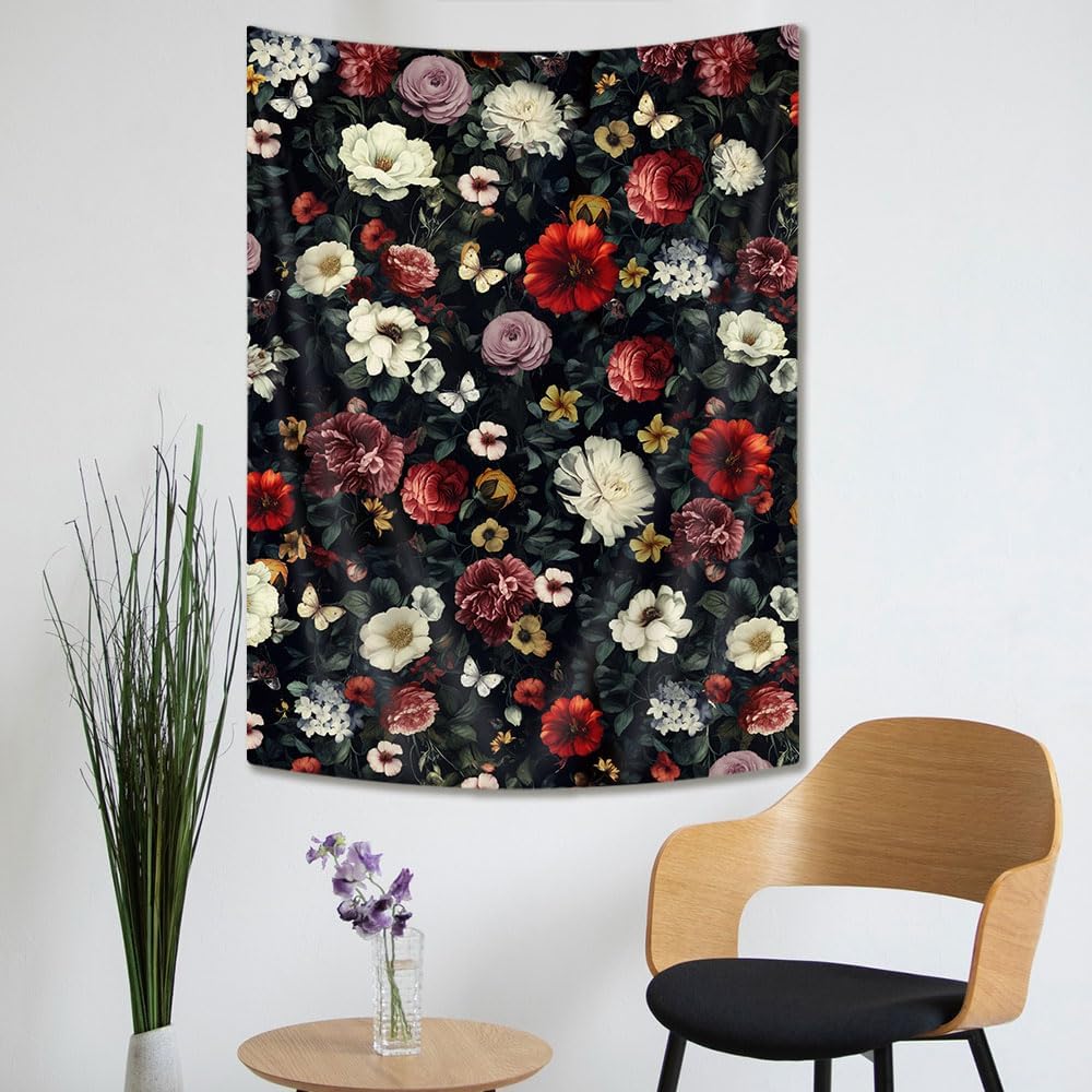 Dark Floral Garden Tapestry, Vintage Red White Rose Print Large Wall Hanging for Bedroom Living Room Aesthetic Home Decor