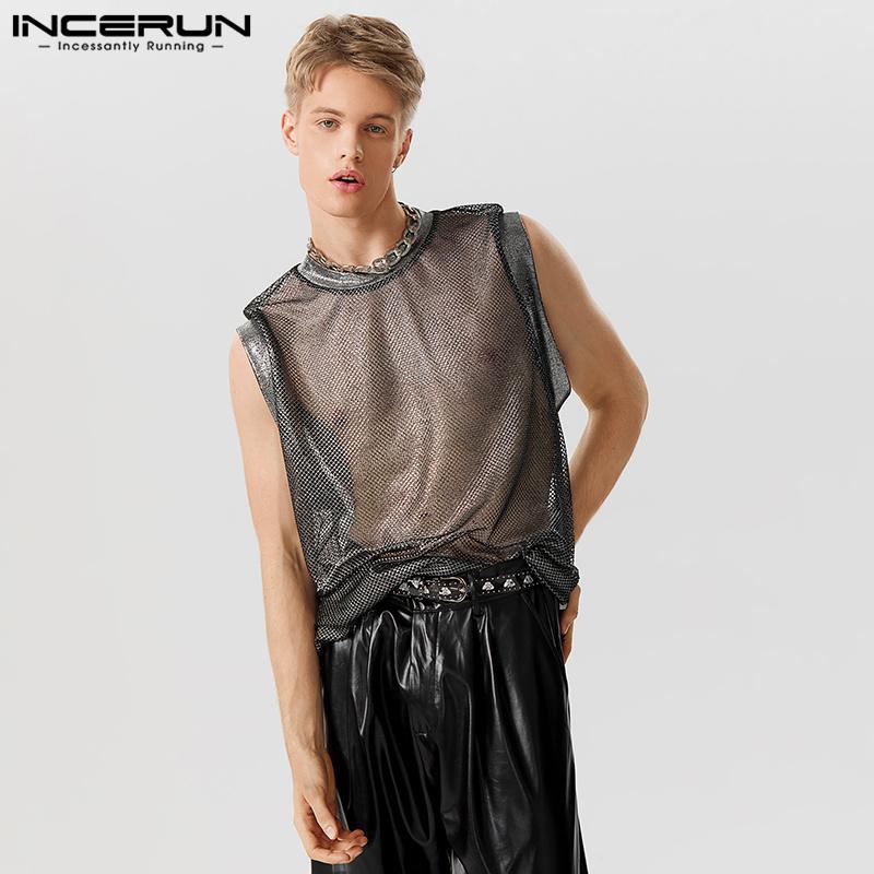 

INCERUN Мужской блестящий жилет без рукавов, сетчатая прозрачная майка