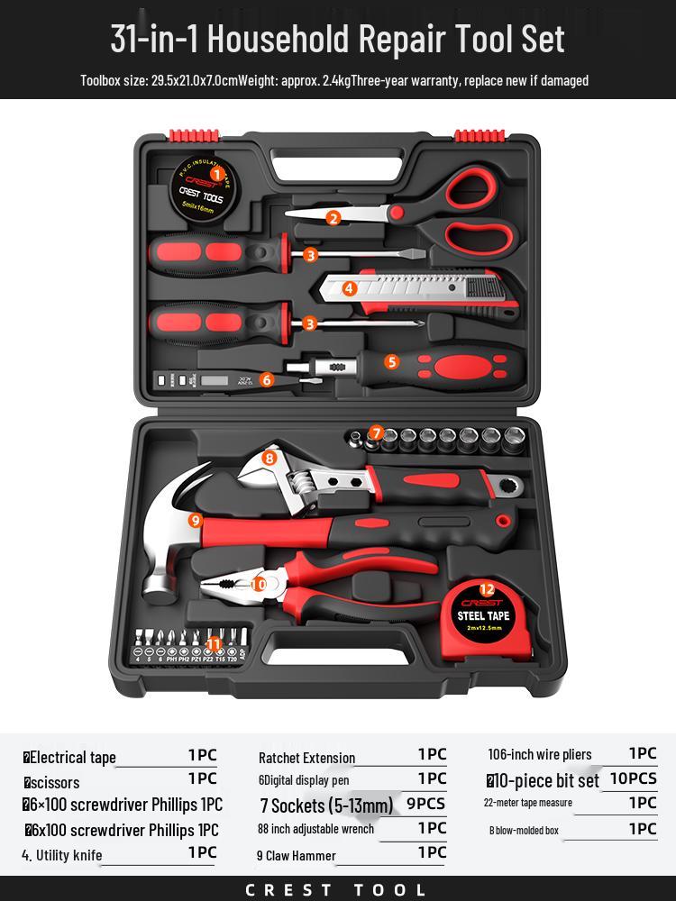 Household Repair Tool Set - Includes Pliers, Hammer, Wrench, and Combination Box
