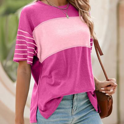 Damen T-Shirt Rundhals Kurzarm Farbblock T-Shirt Locker Geschnitten Vielseitige Pullover-Tops Alltagskleidung
